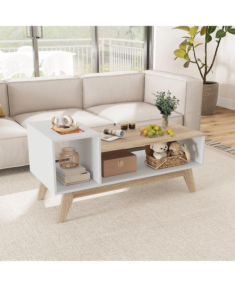 Gymax Coffee Table 43'' Center Table w/ Stepped Tabletop and Storage Compartments