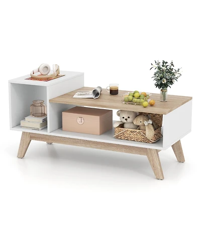 Gymax Coffee Table 43'' Center Table w/ Stepped Tabletop and Storage Compartments