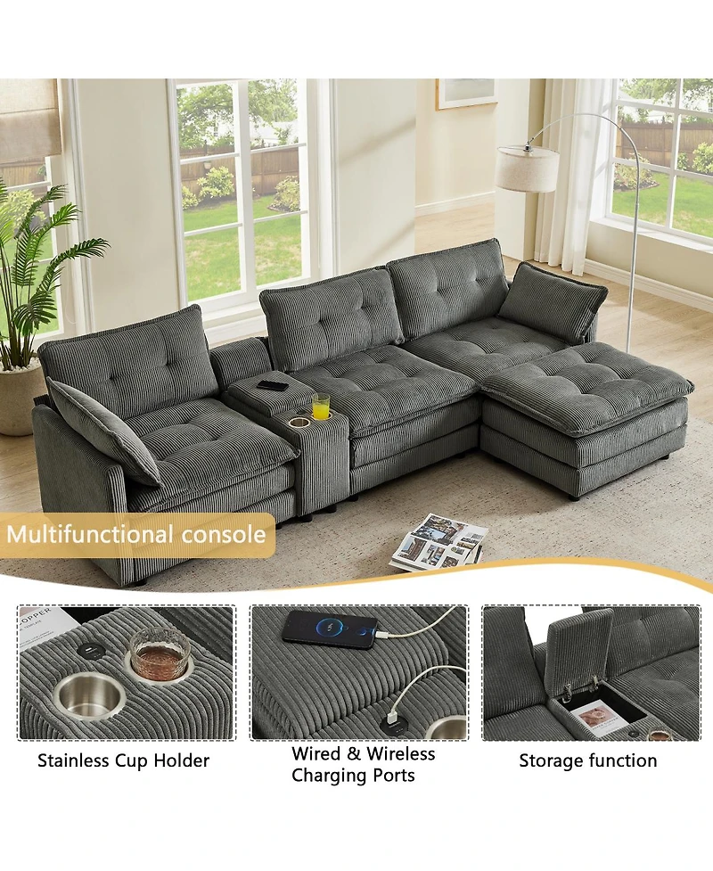 Streamdale Furniture" L-Shaped Corduroy Modular Sectional Sofa with Ottoman and Console