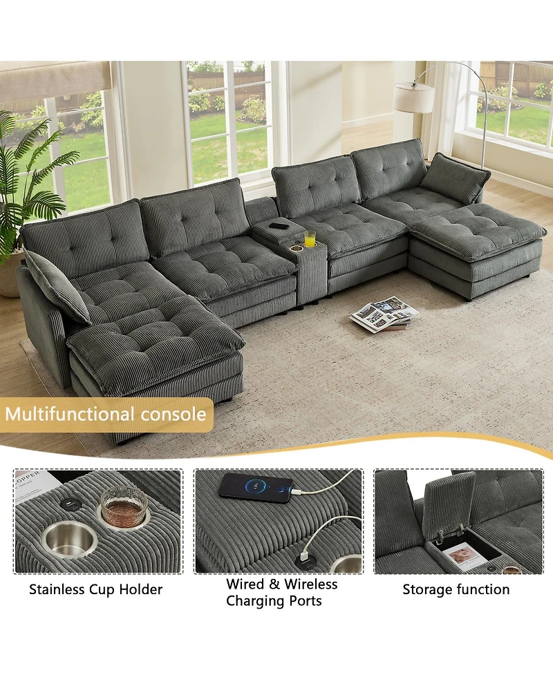 Streamdale Furniture Modular U-Shaped Corduroy Sectional Sofa with Ottomans and Usb