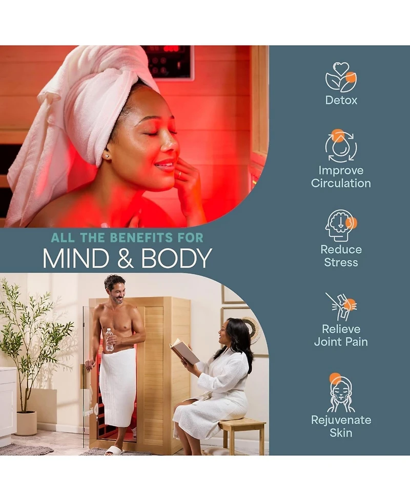 Lifepro RejuvaCure Far Infrared Sauna with Red Light, Bluetooth & Chromotherapy – 1-Person Indoor Home Sauna Box with 7 Carbon Heaters & Canadi