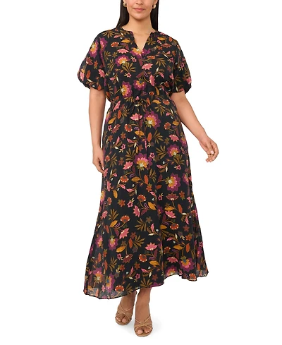 Vince Camuto Plus Size V-Neck Puff-Sleeve Self-Tie Waist Maxi Dress