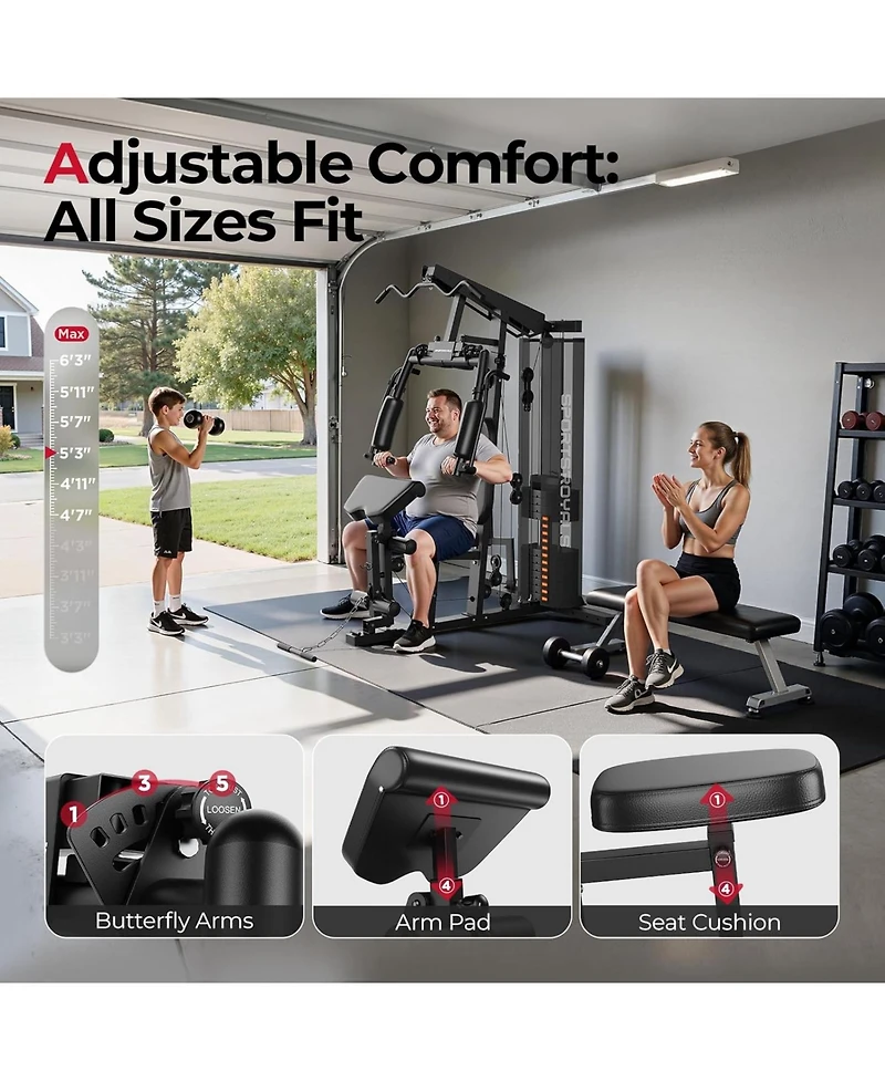 Fed Fitness Home Gym Station with Mesh Cover, 150LBS Weight Stack Multifunctional Workout Equipment Leg Press for Full Body Strength Training