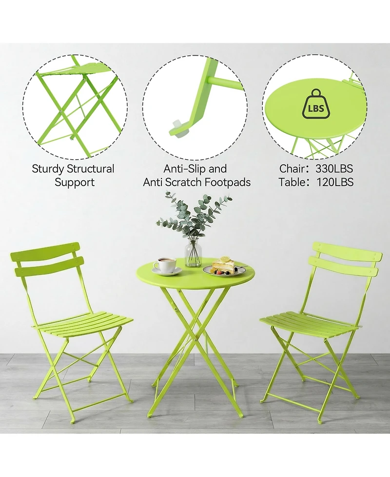 homfan 3 Piece Patio Bistro Set, Folding Table and Chairs, Outdoor Furniture Metal Structure, No Assembly Need