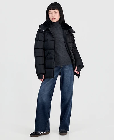 Steve Madden Women's Short Puffer Faux-Fur-Lined Hood Coat