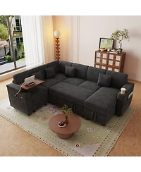 Streamdale Furniture U-Shaped Corduroy Sofa Bed with Usb, Storage, and Cup Holders
