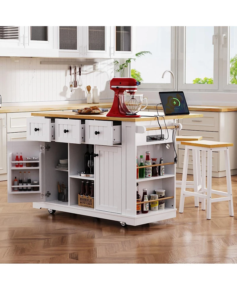 Streamdale Furniture 53 inch Large Kitchen Island with Drop Leaf, Power Outlet, and Storage
