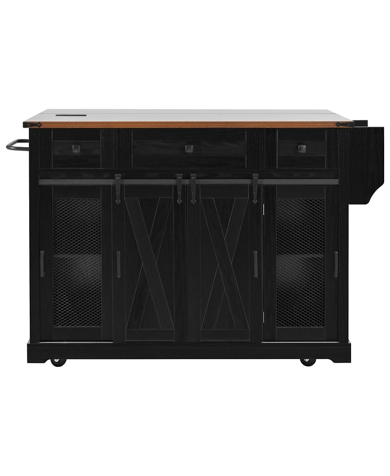 Streamdale Furniture 58inch Farmhouse Rolling Kitchen Island with Storage, Drop Leaf and Barn Doors