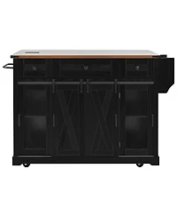 Streamdale Furniture 58inch Farmhouse Rolling Kitchen Island with Storage, Drop Leaf and Barn Doors