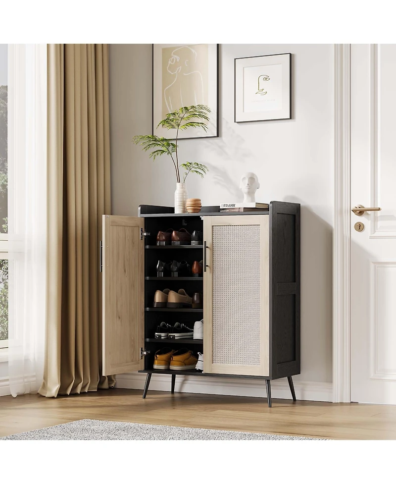 homfan Modern Rattan Dresser Shoe Cabinet - 5-Tier Adjustable Shelves and Doors - Freestanding Storage Organizer for Entryway, Bedroom, Living Room