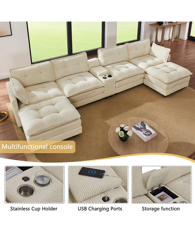 Streamdale Furniture 154" Modular U-Shaped Corduroy Sectional Sofa with Ottomans and Usb