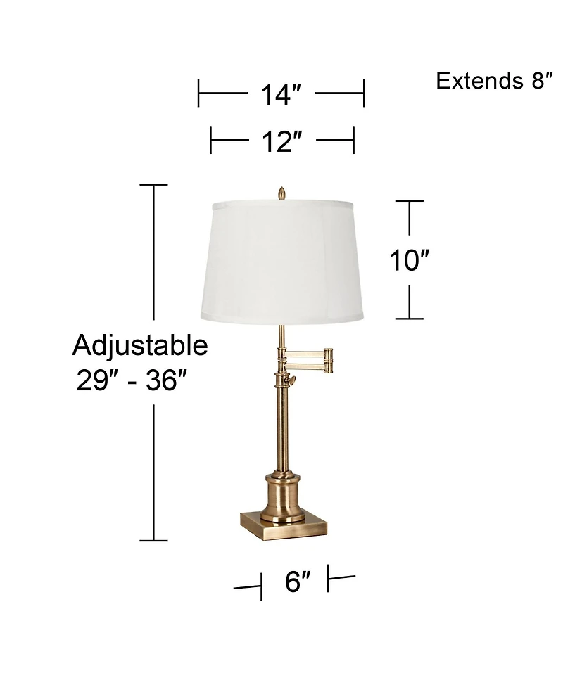 360 Lighting Swing Arm Desk Table Lamp 36" Tall Antique Brass Fabric Drum Shade for Living Room Bedroom Bedside Office Family
