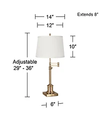 360 Lighting Swing Arm Desk Table Lamp 36" Tall Antique Brass Fabric Drum Shade for Living Room Bedroom Bedside Office Family