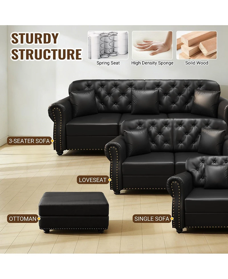 Streamdale Furniture 41.3" Faux Leather Chesterfield Sofa with Nailhead Trim and Pillows