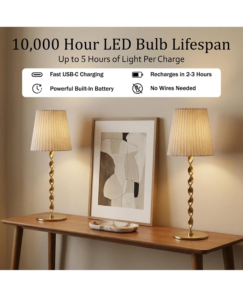 Bell + Howell Twisted Stem Pleated Shade Rechargeable Touch Control Led Dimmable Cordless Table Lamp