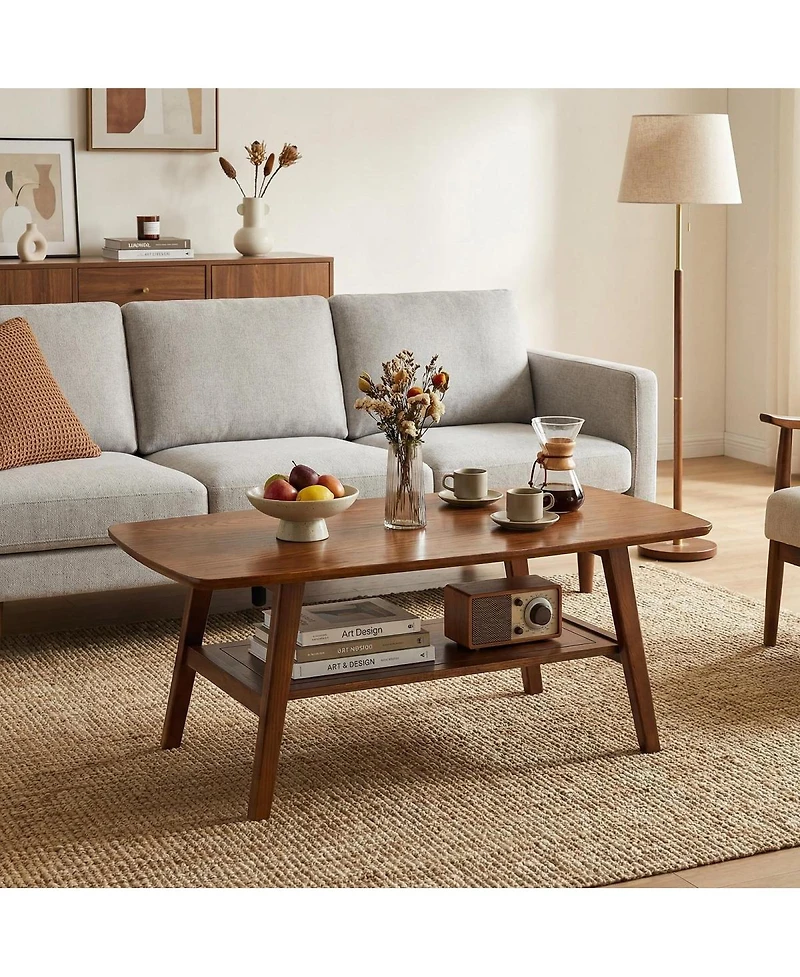 Streamdale Furniture Mid-Century Modern Solid Oak 2-Tier Coffee Table with Storage Shelf
