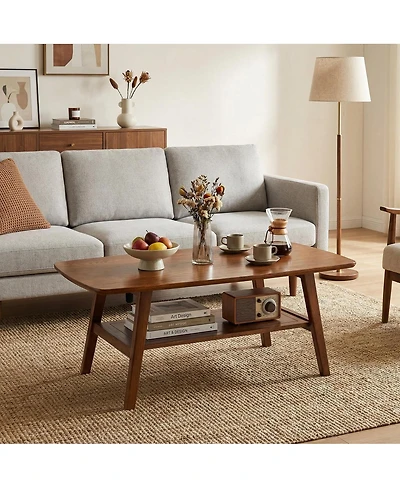 Streamdale Furniture Mid-Century Modern Solid Oak 2-Tier Coffee Table with Storage Shelf