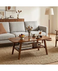 Streamdale Furniture Mid-Century Modern Solid Oak 2-Tier Coffee Table with Storage Shelf