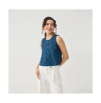 Reistor Women's Embroidered Sleeveless Button-Back Top