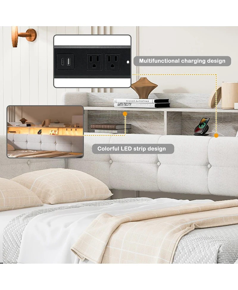 Streamdale Furniture Upholstered Daybed with Trundle, Storage, Usb, and Led Lights