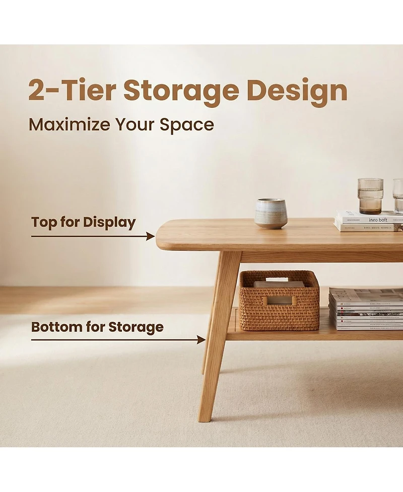 Streamdale Furniture Mid-Century Modern Solid Oak Coffee Table with Storage Shelf