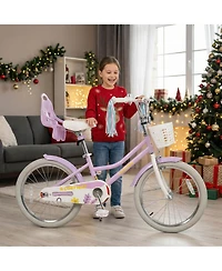 Costway Girls Bike, 20" Kids Bicycle with Basket, Doll Seat, Colorful Streamers, Reflectors