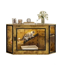 Streamdale Furniture 48" Corner Cat Litter Box Enclosure with Led Light, Stairs, and Acrylic Door