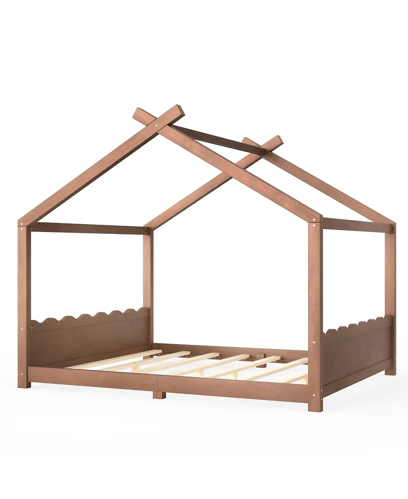 Streamdale Furniture House Floor Bed with Support Slats, Solid Wood Frame