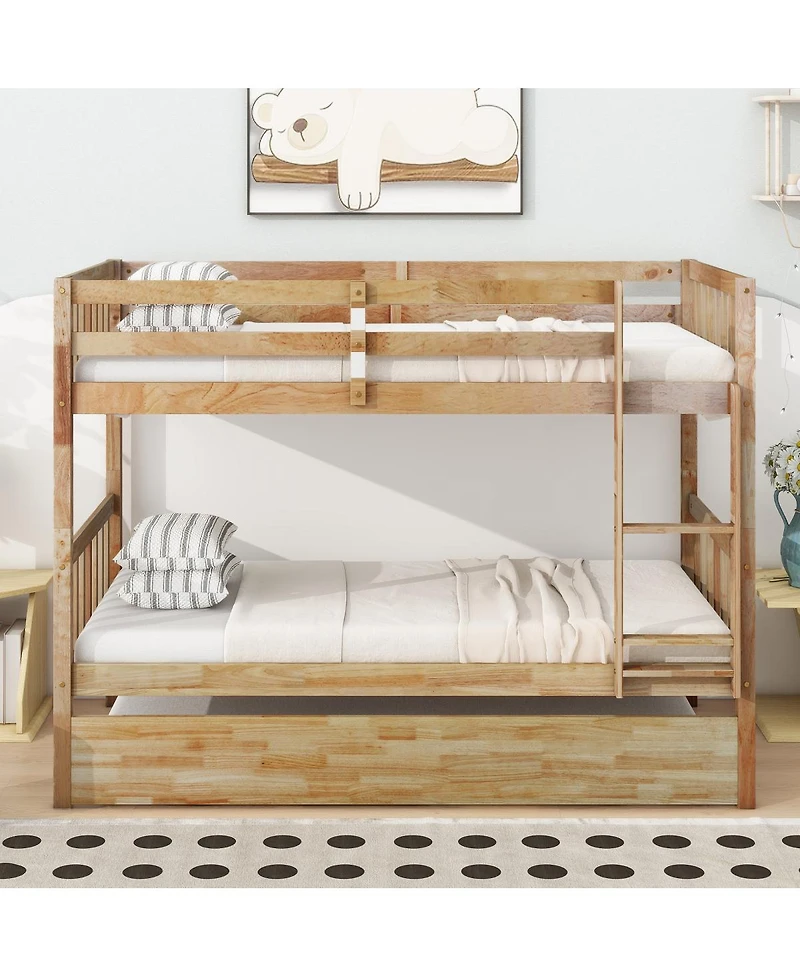 Streamdale Furniture Rubber Wood Bunk Bed with Trundle, Convertible to 2 Beds