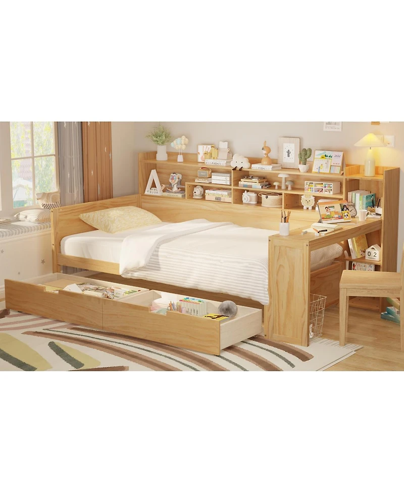 Streamdale Furniture Wooden Daybed with Storage Shelves, Drawers, and Study Desk