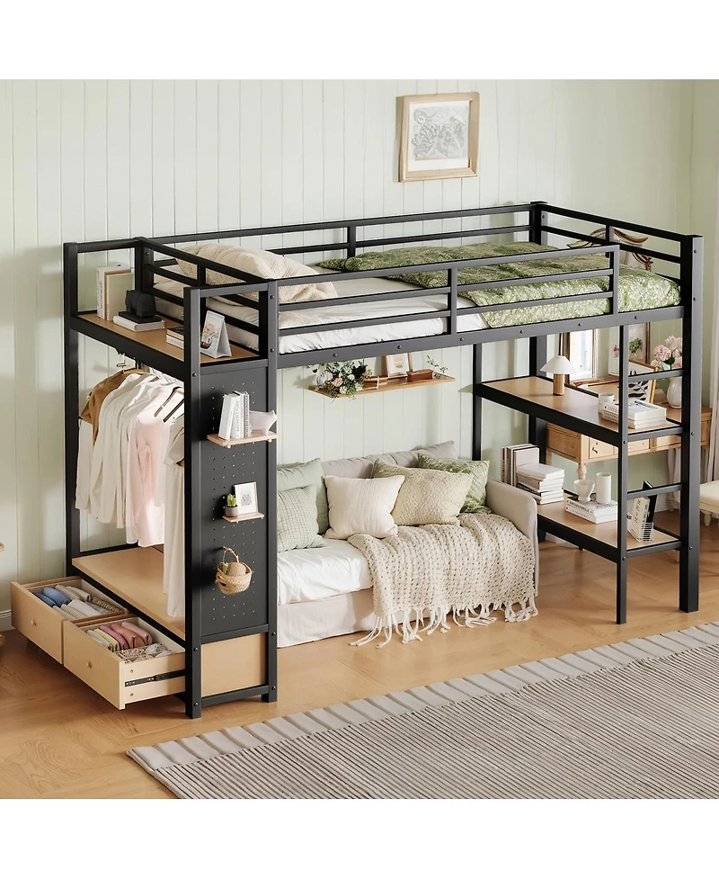 Streamdale Furniture Metal Loft Bed with Wardrobe, Storage Shelves, and Pegboard