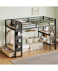 Streamdale Furniture Metal Loft Bed with Wardrobe, Storage Shelves, and Pegboard