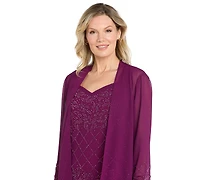 R & M Richards Women's Beaded Georgette Pull-On Tank Top, Jacket Pants, 3-Piece Set