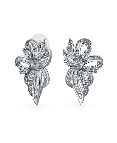 Bling Jewelry Vintage Style White Ribbon Bow Drop Stud Earrings Cz Silver Plated