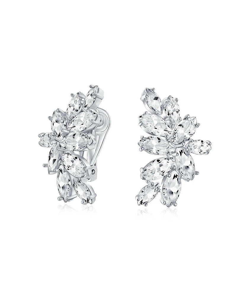 Bling Jewelry Cocktail Marquise Cubic Zirconia Cz Clusters Leaf Clip On Earrings Non Pierced Ears Silver Plated
