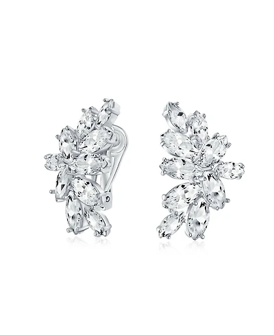 Bling Jewelry Cocktail Marquise Cubic Zirconia Cz Clusters Leaf Clip On Earrings Non Pierced Ears Silver Plated