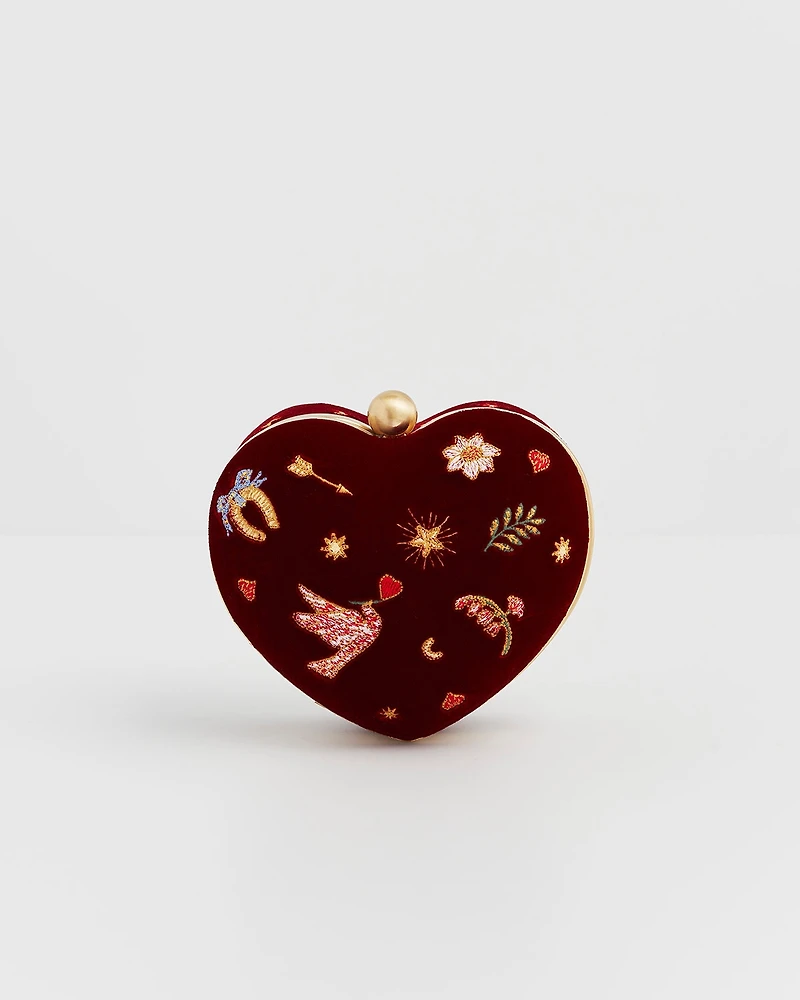 Fable England Women's Velvet Embroidered Heart Jewellery Box