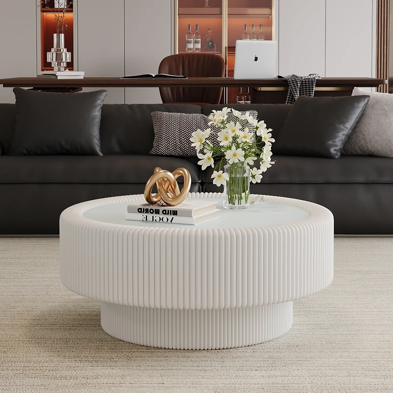 Streamdale Furniture 31.5" Fluted Round Leather and Glass Coffee Table with Hidden Storage