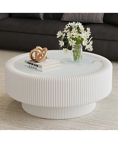 Streamdale Furniture 31.5" Fluted Round Leather and Glass Coffee Table with Hidden Storage