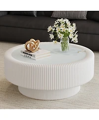 Streamdale Furniture 31.5" Fluted Round Leather and Glass Coffee Table with Hidden Storage