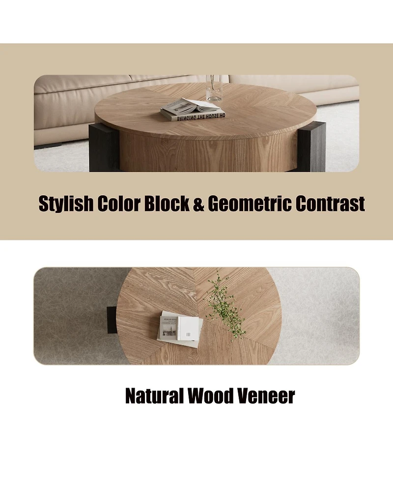 Streamdale Furniture 33'' Round Wood Coffee Table with Hidden Storage and 3 Block Legs