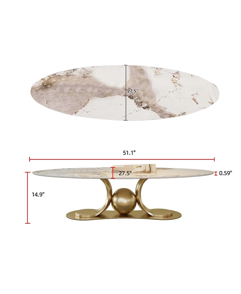 Streamdale Furniture Gold Metal Coffee Table with Stainless Steel Pedestal and Faux Marble Top