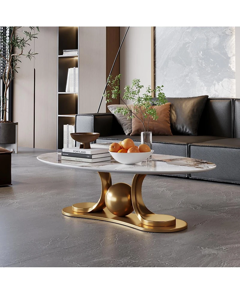 Streamdale Furniture Gold Metal Coffee Table with Stainless Steel Pedestal and Faux Marble Top