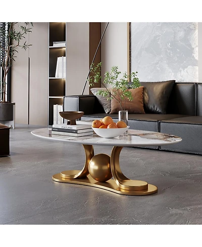 Streamdale Furniture Gold Metal Coffee Table with Stainless Steel Pedestal and Faux Marble Top