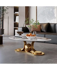 Streamdale Furniture Gold Metal Coffee Table with Stainless Steel Pedestal and Faux Marble Top