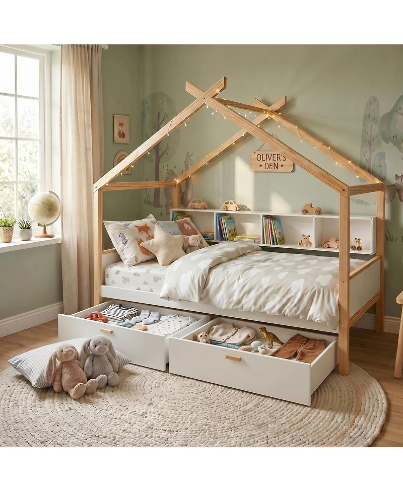 Streamdale Furniture Wooden House Bed with Two Drawers and Bookshelf Storage