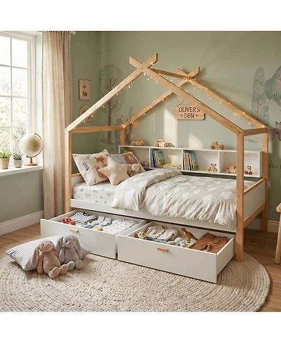 Streamdale Furniture Wooden House Bed with Two Drawers and Bookshelf Storage