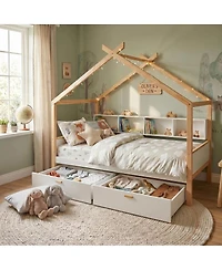 Streamdale Furniture Wooden House Bed with Two Drawers and Bookshelf Storage