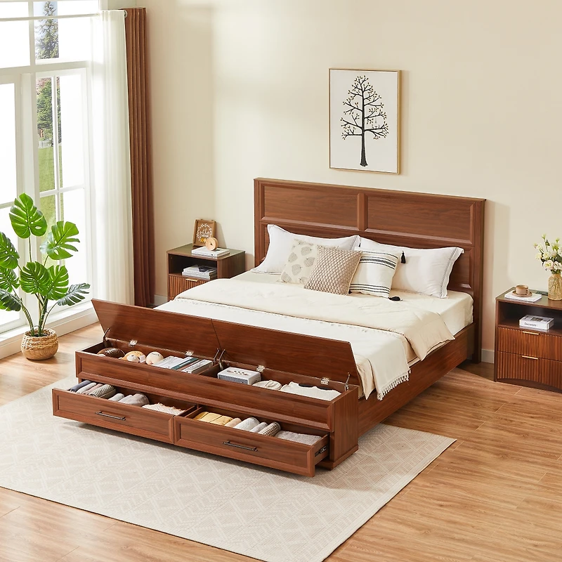 Streamdale Furniture Bed with 3D Geometric Headboard, 4-Drawer Storage and Bench