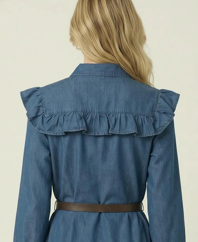 Modenaire Women's Ruffled-Collar Belted Shirt Dress